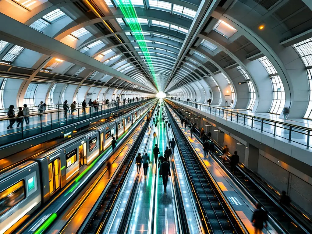 KI-generierte Illustration: überwölbte U-Bahn-Station mit Zügen und Fahrgästen, grüne Linie an der Decke