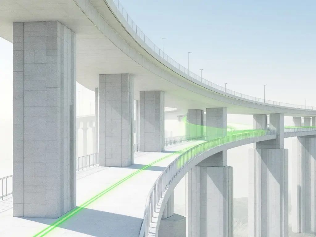 KI-generierte Illustration: gekrümmter Betonviadukt mit einer grün dargestellten Glasfaser entlang des Überbaus