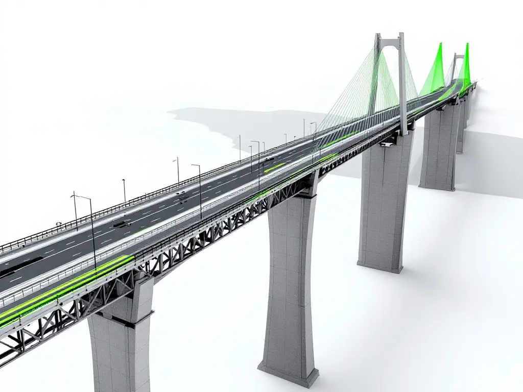 KI-generierte Illustration: Autobahn-Schrägseilbrücke, Seile und Fahrbahn grün hervorgehoben