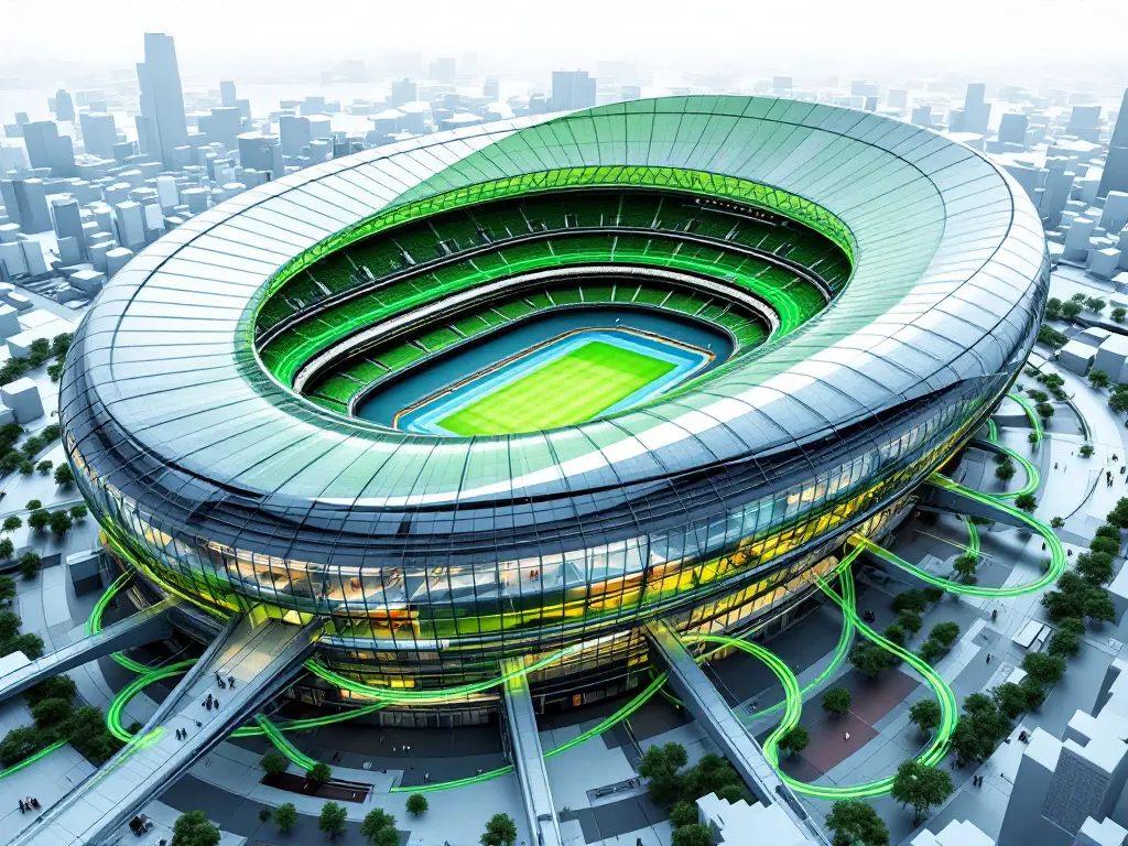 KI-generierte Illustration: Stadion aus der Luft, umgeben von einem grün dargestellten Glasfasernetz