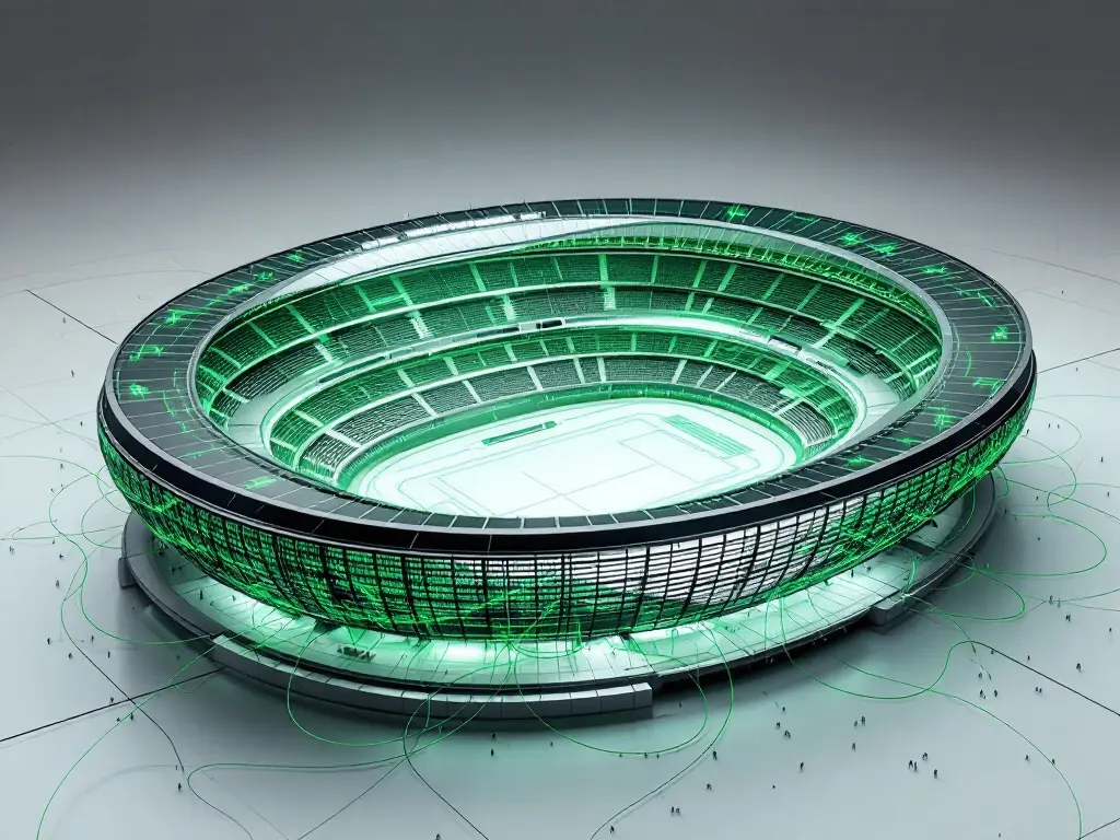 KI-generierte Illustration: Drahtgittermodell eines Stadions mit grünen Linien, das seinen digitalen Zwilling andeutet