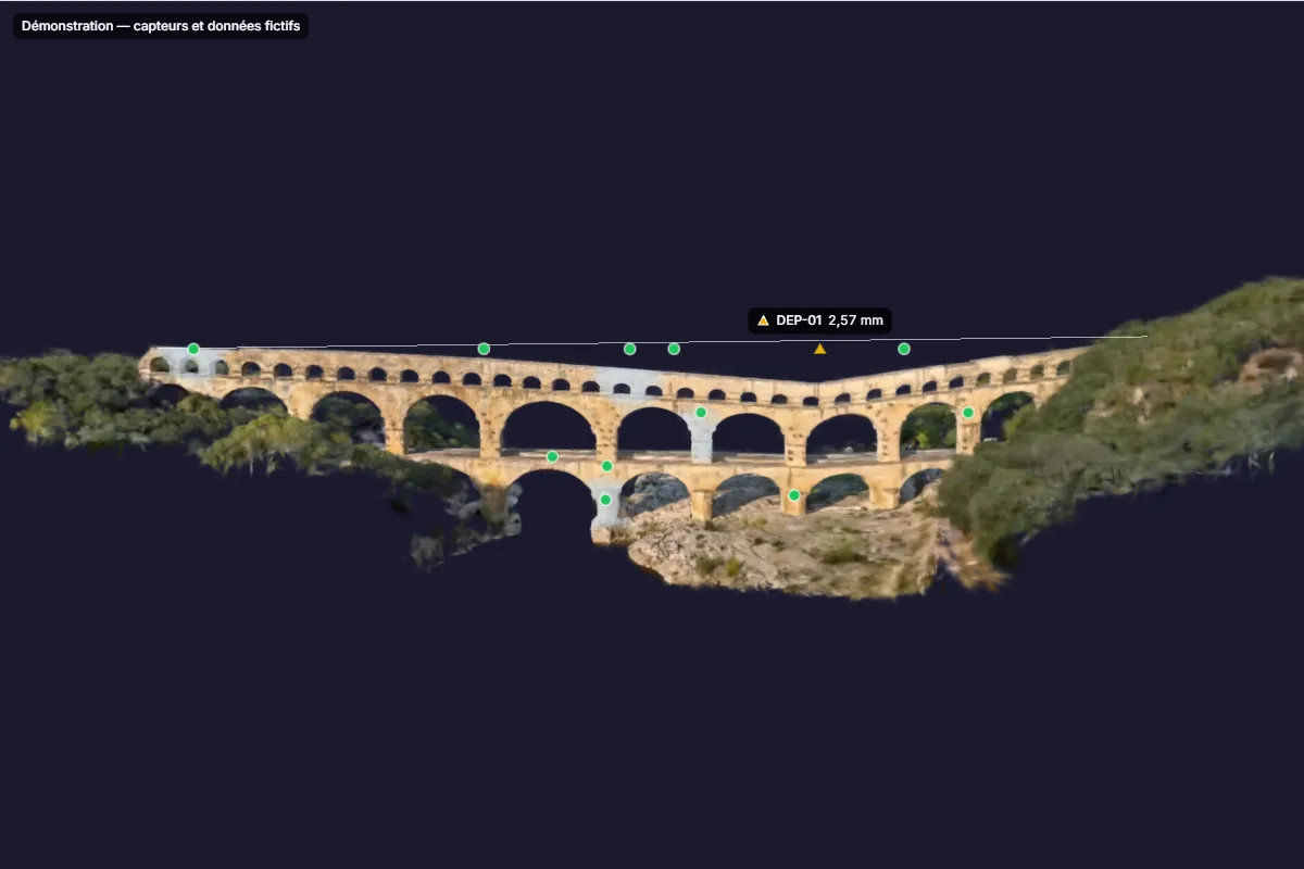 Screenshot des SensyTwin-3D-Viewers (Oberfläche auf Französisch): der Pont du Gard von vorn, mit seiner 5.000-fach überhöhten Verformung infolge der Setzung, die der fiktive Wegsensor DEP-01 misst, unterhalb der Linie der Ruhelage