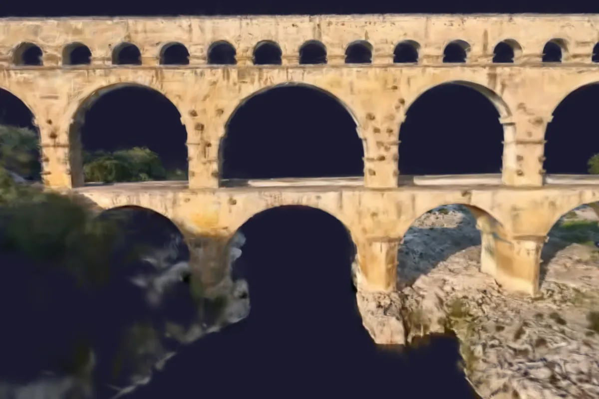 Screenshot des SensyTwin-3D-Viewers (Oberfläche auf Französisch): Nahaufnahme der Bögen des Pont du Gard, gerendert mit Gaussian Splatting
